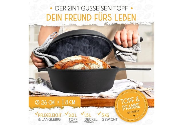 Krustenzauber Brotbackform 26cm Gusseisen Topf Brot Backen inkl. Gärkorb, (Robuster Brottopf mit Deckel - Idealer Brotbacktopf), Brotbackset Gusseisentopf Brotbacken, Brot Backen Zubehör, Brotform