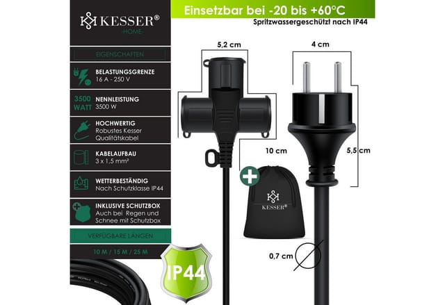 KESSER Verlängerungskabel, (25 cm), Verlängerungskabel mit Schutzkappe Outdoor für Innenbereich