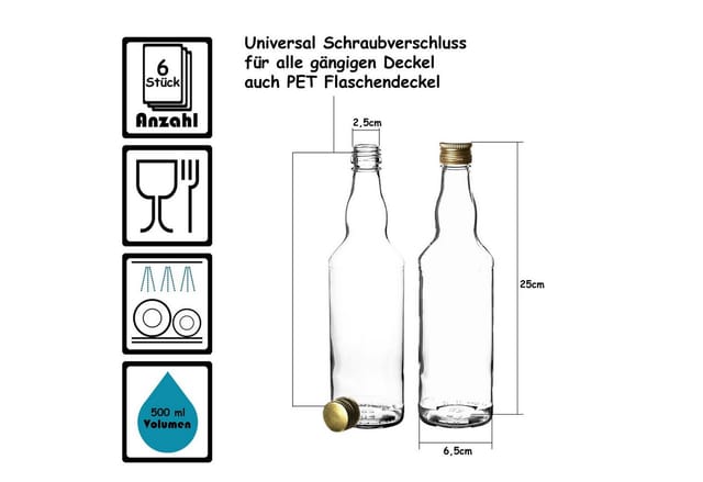 BigDean Trinkflasche Glasflaschen, 6x Glasflaschen 500ml, Schraubverschluss Gold, bauchiger Hals