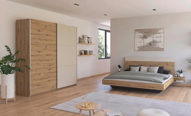 RAUCH BLUE Monza Set: Bettanlage inkl. Nachttische, Schwebetürenschrank 218 cm (Set: Bett Kleiderschrank, Eiche Artisan/Beige, Breite 522 cm / Höhe 210 cm)
