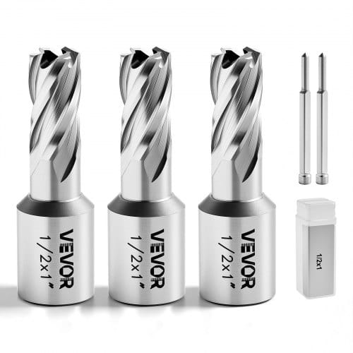 VEVOR HSS-Kernbohrer Weldon-Schaft 5-tlg. Magnetbohrer 25,4 mm Schnittdurchmesser, 3 Bohrer mit 2 Zentrierstiften, 25,4 mm Schnitttiefe, 3 Kunststoffboxen für Magnetbohrmaschinen, Stahl, Aluminium