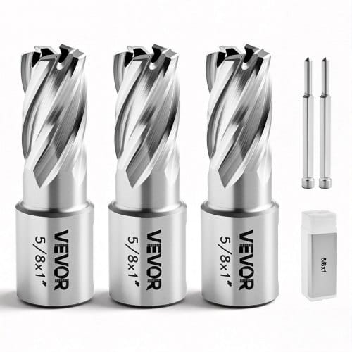 VEVOR HSS-Kernbohrer Weldon-Schaft 5-tlg. Magnetbohrer 15,9 mm Schnittdurchmesser, 3 Bohrer mit 2 Zentrierstiften, 25,4 mm Schnitttiefe, 3 Kunststoffboxen, für Magnetbohrmaschinen, Stahl, Aluminium