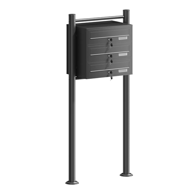 Wiltec 3er Briefkastenanlage Schwarz 556 X 270 X 1500 Mm, Standbriefkasten Mit 3 Fächern, Schlüssel Und Namensschild, Briefkasten Postkasten Mit Ständer