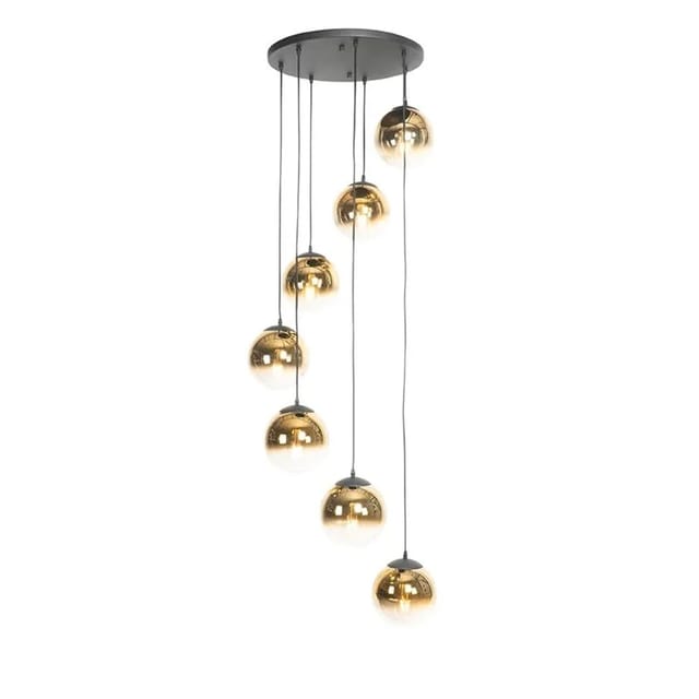 Art Deco Hängelampe Schwarz Mit Goldglas 7-flammig - Pallon