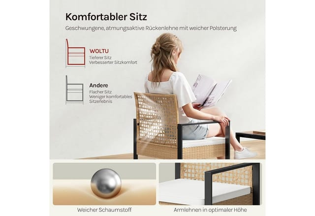 Woltu Gartenmöbel Set, Sitzgruppe 1 Tisch 1 Zweisitzer-sofa 2 Sessel, Rattan Gartenset Mit Abnehmbaren Kissen Und Armlehnen, Für Terrasse Balkon, Naturholz
