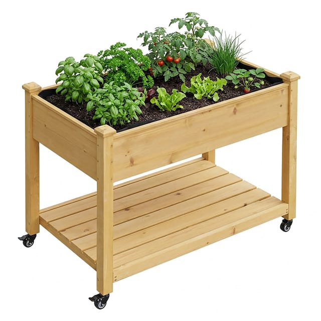Relaxdays Hochbeet, Rollen, Ablage, Hxbxt: 84 X 105 X 56,5 Cm, Garten, Balkon & Terrasse, Pflanztisch, Tannenholz, Natur