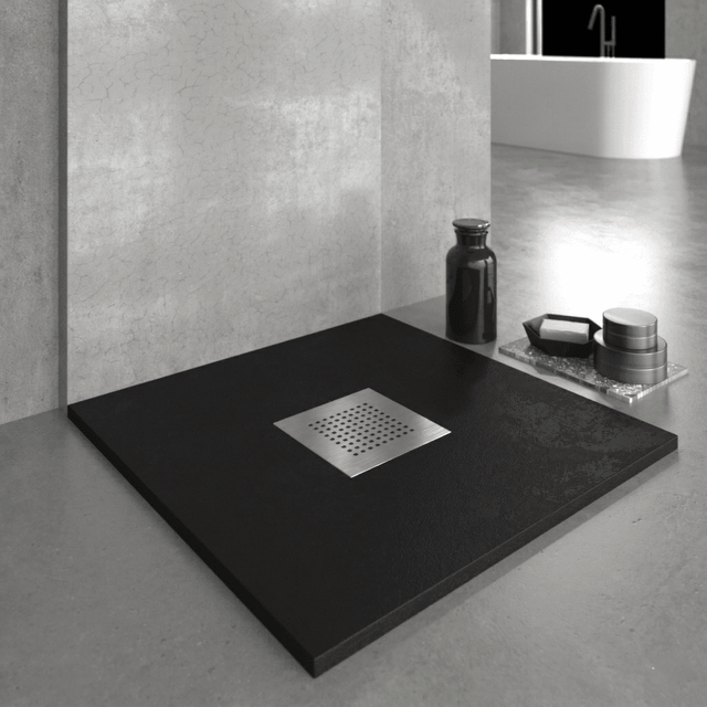 Mineralguss-duschwanne Extra Flach Slate Schieferoptik Schwarz 80x90 Cm Ablaufschutz In Chrom
