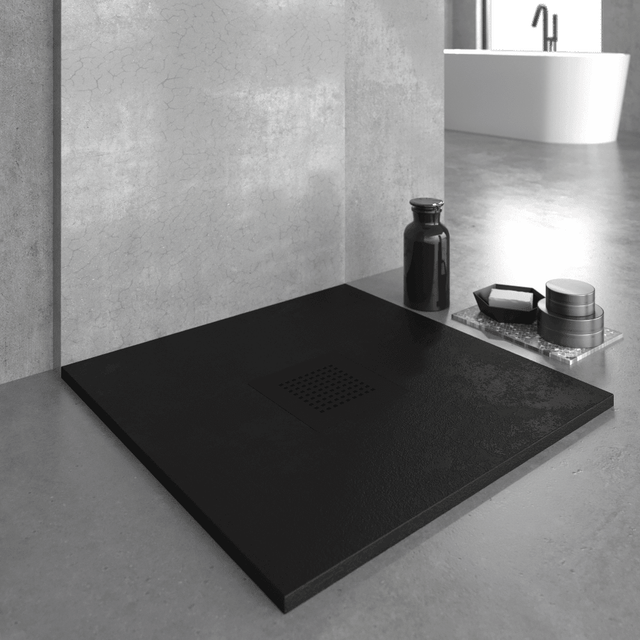 Mineralguss-duschwanne Extra Flach Slate Schieferoptik Schwarz 70x70 Cm Auslaufschutz In Farbe