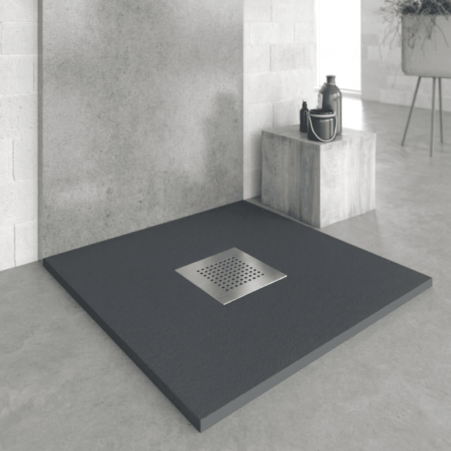 Mineralguss-duschwanne Extra Flach Slate Schieferoptik Anthrazit 90x90 Cm Ablaufschutz In Chrom