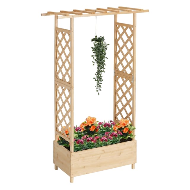 Relaxdays Blumenkasten Mit Rankgitter & Dach, Hbt: 183x110x44 Cm, Pflanzkübel Mit Spalier, Balkon & Garten, Holz, Natur