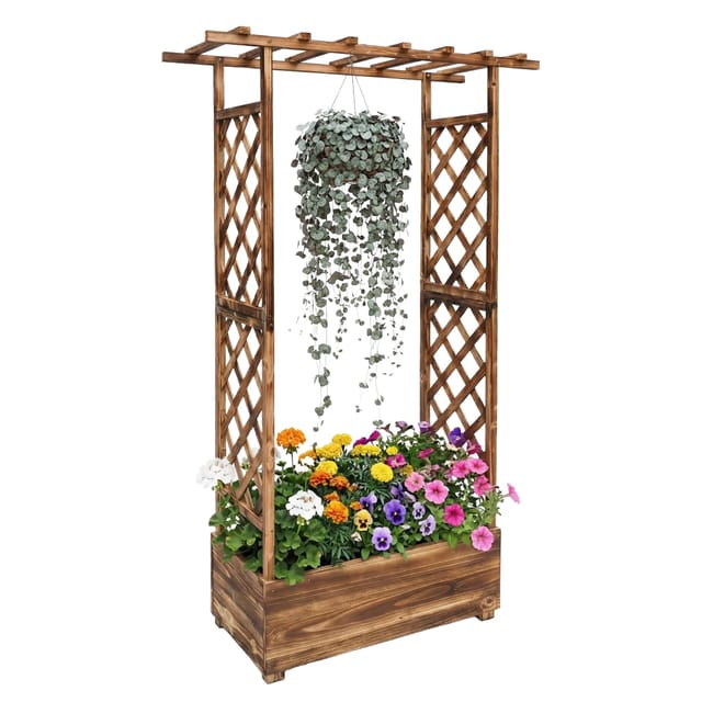 Relaxdays Blumenkasten Mit Rankgitter & Dach, Hbt 183x110x44 Cm, Pflanzkübel Mit Spalier, Balkon, Garten, Holz, Geflammt