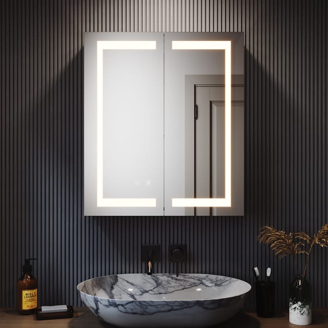 Led Spiegelschrank Mit Beleuchtung Badspiegel 3 Lichtfarben Dimmbar, Touch Steckdose Beschlagfrei Edelstahl 60x70cm Kabelloses Scharnier Design - Sonni