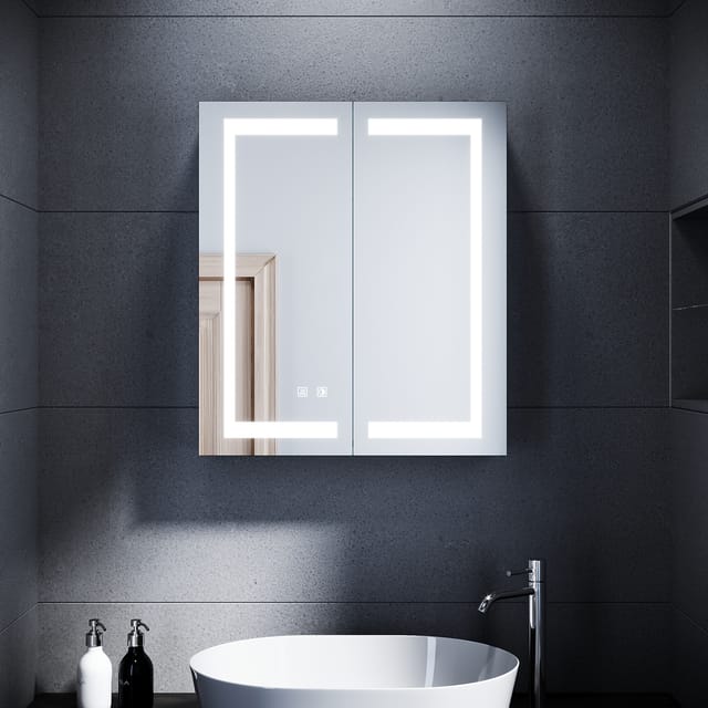Edelstahl Led Spiegelschrank Mit Beleuchtung 3 Lichtfarben Dimmbar, 60x70cm Touch Steckdose Beschlagfrei Badschrank Spiegel Kabelloses Scharnier Design - Sonni