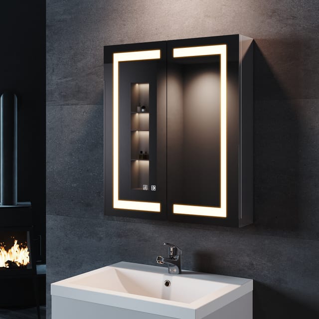 Edelstahl Led Spiegelschrank Mit Beleuchtung 3 Lichtfarben Dimmbar, Touch+steckdose+beschlagfrei,drahtloses Scharnier Design 60x70cm - Sonni