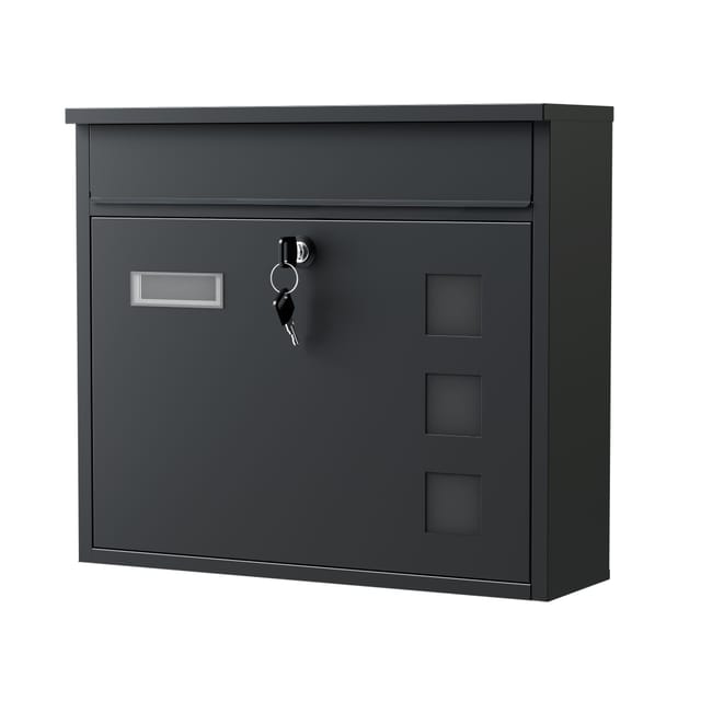 Wiltec - Briefkasten V12 Schwarz 360 X 115 X 315 Mm, Wandbriefkasten Mit Schloss, Sichtfenstern Und Namensschild, Postkasten Aus Stahl Galvanisiert