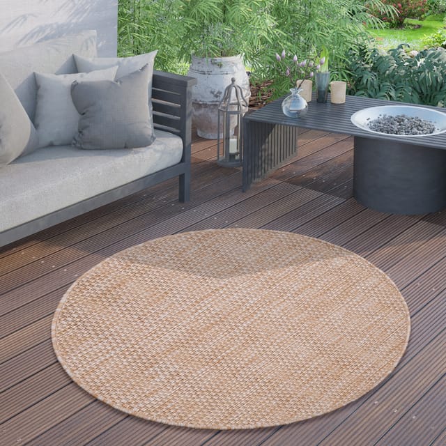 Paco Home In- & Outdoor Teppich Flachgewebe Einfarbig Modern Wetterfest Für Terrasse Küche Einfarbiges Muster 160 Cm Rund, Natur