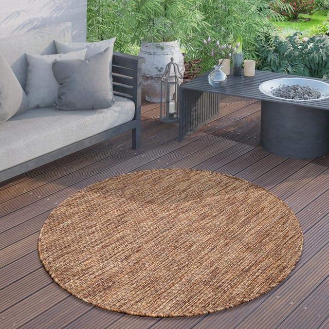Paco Home - In- & Outdoor Teppich Flachgewebe Einfarbig Modern Wetterfest Für Terrasse Küche Einfarbiges Muster 200 Cm Rund, Coffee