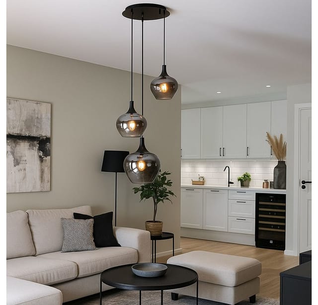 Hängeleuchte Pendellampe Wohnzimmer Pendelleuchte Esstischleuchte Rauch Glasschirm, Metall Schwarz, Fassungen 3x E27, Dxh 48x120 Cm