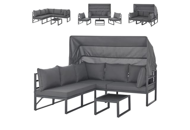 Svita Maui Gartenmöbel-Lounge-Set Mit Dach Outdoor-Sofa Strandkorb-Sonneninsel Stahl Grau