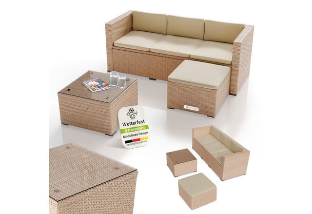 Juskys Polyrattan Lounge Punta Cana M creme, 3-4 Personen – Sofa, Tisch & Hocker