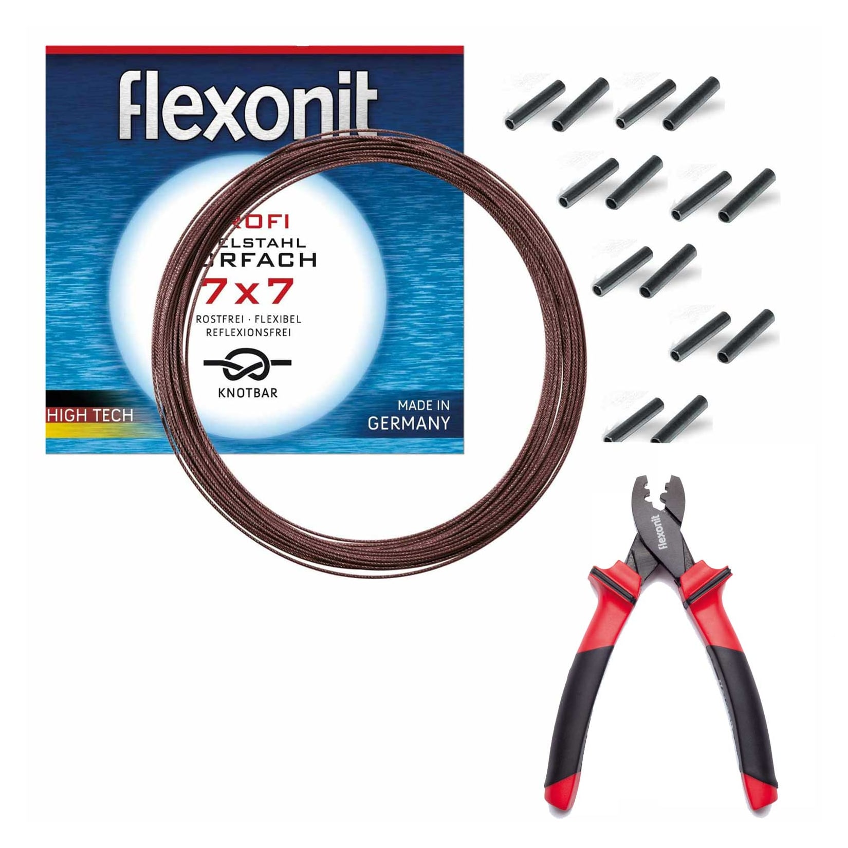Flexonit 7x7 Stahlvorfach 0,36mm + Quetschhülsen + Zange komplett Angelset
