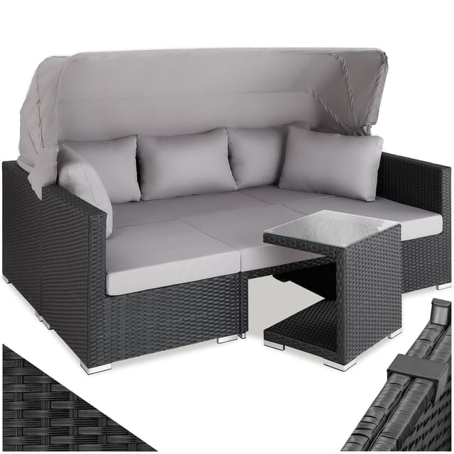 tectake® Aluminium Rattan Lounge, wetterfest und UV-beständig, für 5 bis 6 Personen, mit klappbarem Sonnenschutz