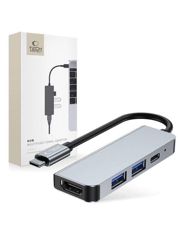 Tech-Protect HUB V2 4in1 USB-C - USB-A 3.0 / USB-A 2.0 / USB-C / HDMI - Grey USB-Hubs - USB 2.0 - 4 - Grau