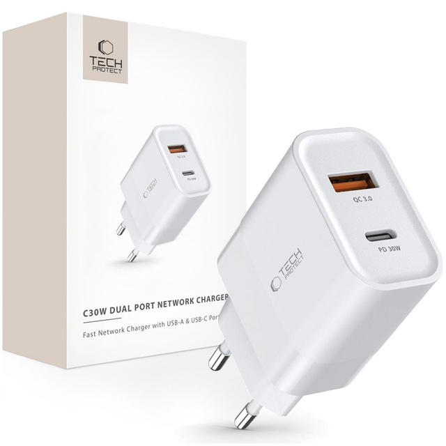 Tech-Protect C30W USB-C PD 30W / USB-A QC 3.0 Mains Charger - White