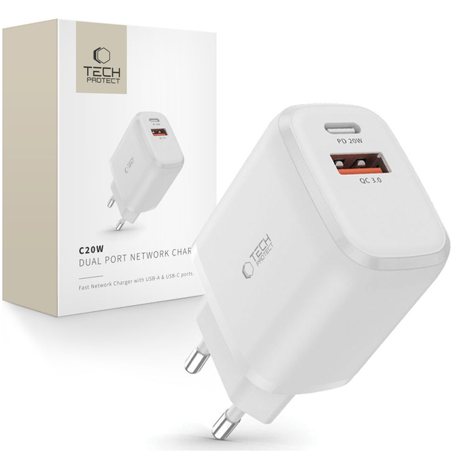 Tech-Protect C20W USB-C PD 20W / USB-A QC 3.0 Network Charger - White