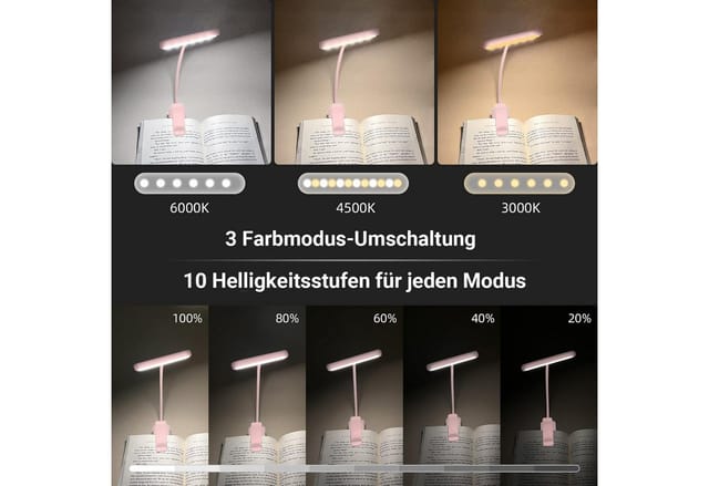 Lapalife LED Leselampe Akku Buchlampe Breites Licht, Klemmlampe mit 3 Farben & 10 Helligkeit, LED fest integriert, USB Aufladbar, Schwanenhals, Augenschonendes, für Nachtlesen ins Bett
