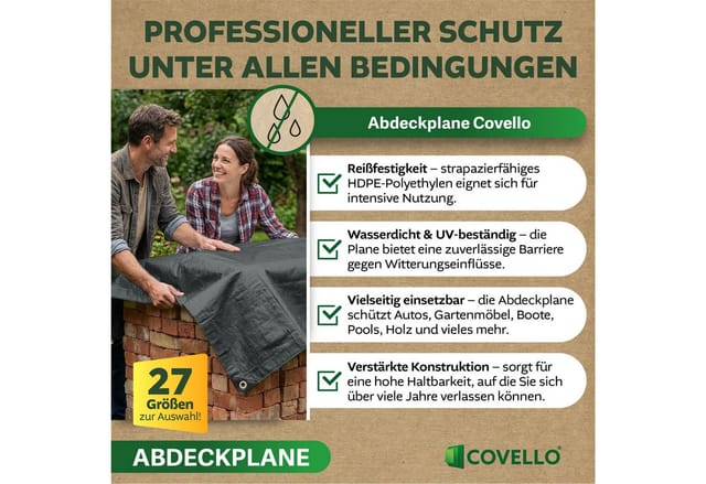 Covello Schutzplane 260g/m² grau, Abdeckplane mit Ösen wasserdicht, Plane UV-stabilisiert in vielen verschiedenen Farben & Größen