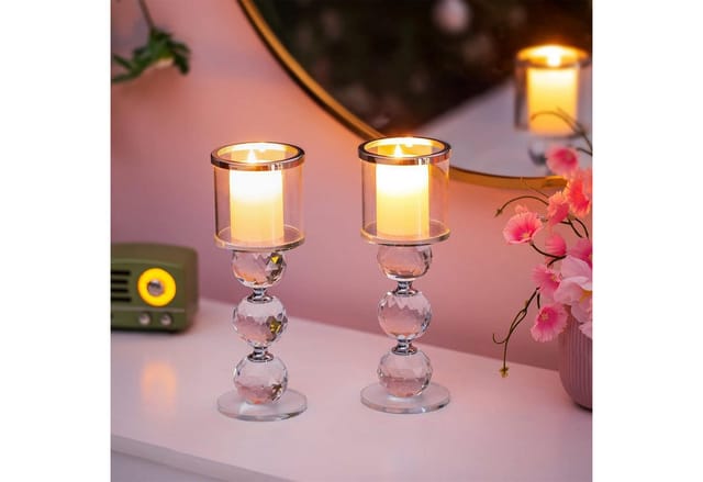 LuxusKollektion Tischkerzenhalter Kristall Kerzenständer Set 2 Stück Stumpenkerzen Teelichthalter Silber