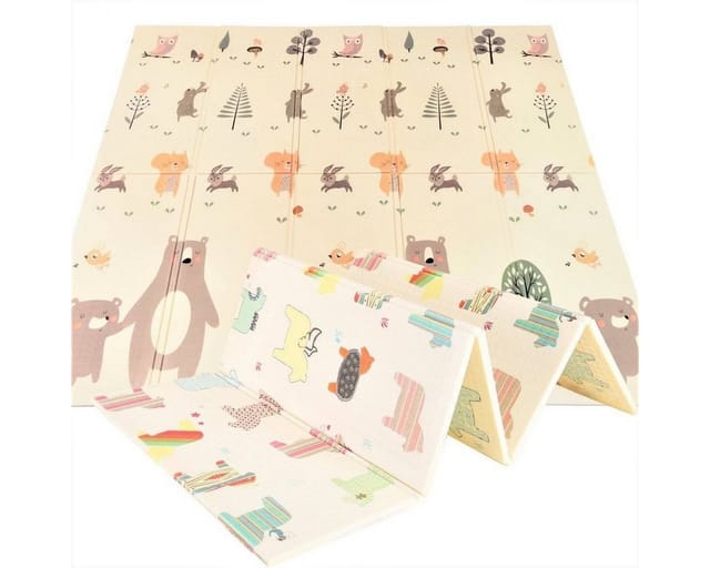 Mamabrum Spielmatte Beidseitige Schaummatte XXL, faltbar 1 cm, Waldtieren- und Bärenmotiv