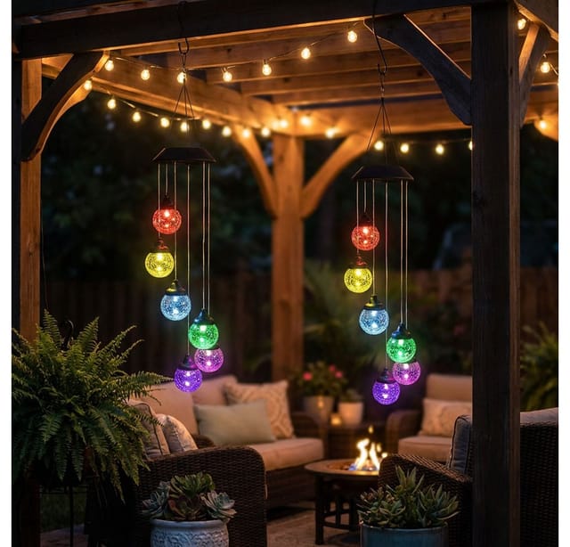 Haushalt International Außen-Deckenleuchte, LED-Leuchtmittel fest verbaut, Farbwechsel, RGB LED Solar Windspiel Hängeleuchte Außen Glas Kugel 2er Set