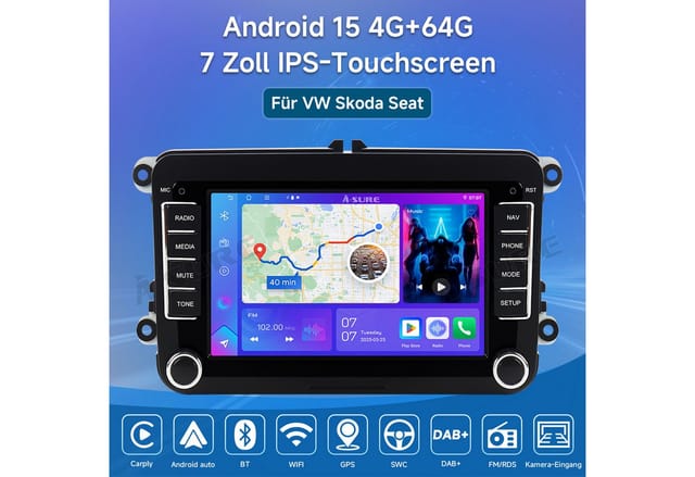A-Sure 4+64 Android 15 CarPlay für VW GOLF 5 6 Plus Polo Cadddy Touran Passat Autoradio (Digitalradio (DAB), FM, AM, RDS, DSP, 4+64G / Bluetooth 5.4 /WiFi 6.0 / SWC)