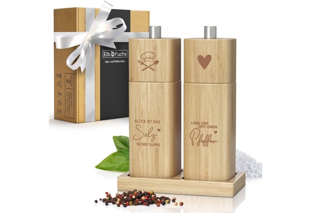 ElbFuchs Salz-/Pfeffermühle Glück & Liebe, manuell, (2 Stück), verstellbarer Mahlgrad, Keramikmahlwerk, Gewürzmühle mit Untersetzer