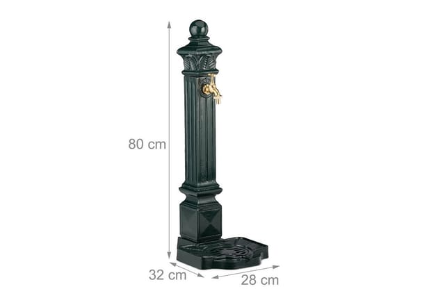 Standbrunnen, Wasserzapfstelle In Antik Look, Säule Mit Wasserhahn & Becken, Hbt: 80 X 28 X 32 Cm, Dunkelgrün - Relaxdays