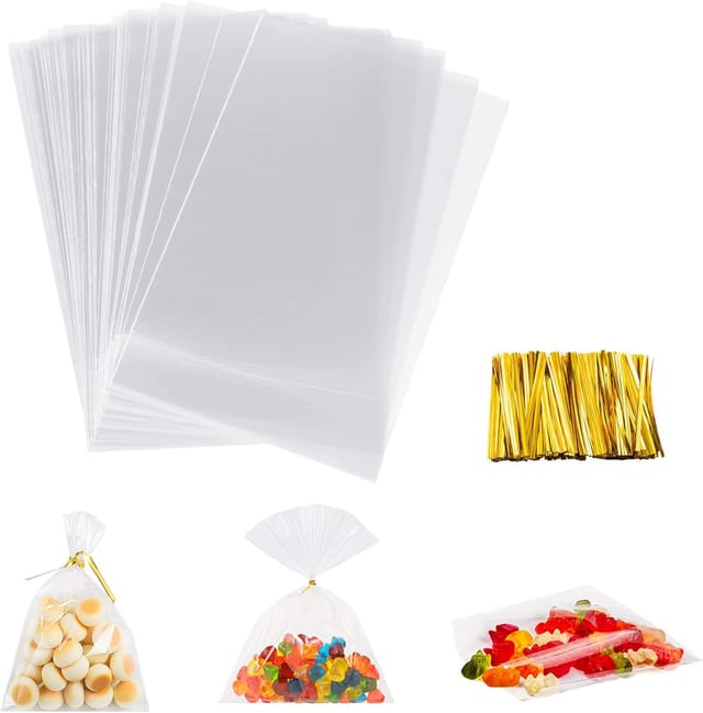 Packung Mit 100 Zellophantüten Mit Goldband - 20 X 30 Cm - Für Schokolade, Bonbons, Brot, Süßigkeiten