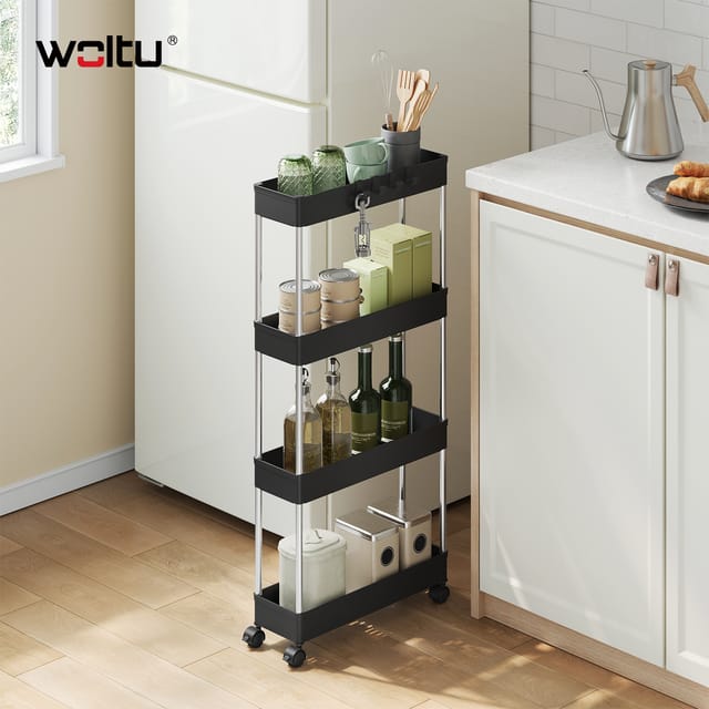 Woltu 4 Ebenen Rollwagen, Küchenwagen Mit 360° Rollen, Aufbewahrungswagen Servierwagen Aus Kunststoff Für Küche, Bad Und Wohnzimmer, 41,5 X 86 X 13,5 Cm, Schwarz
