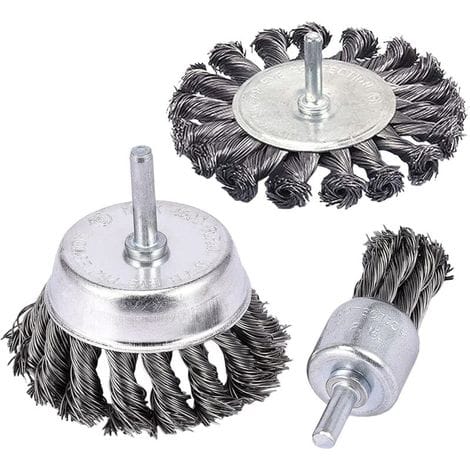 Set Aus 3 Geknoteten Drahtbürsten Mit 1/4"-griffen, 3"- Und 1"-winkelbürsten Zur Rostentfernung