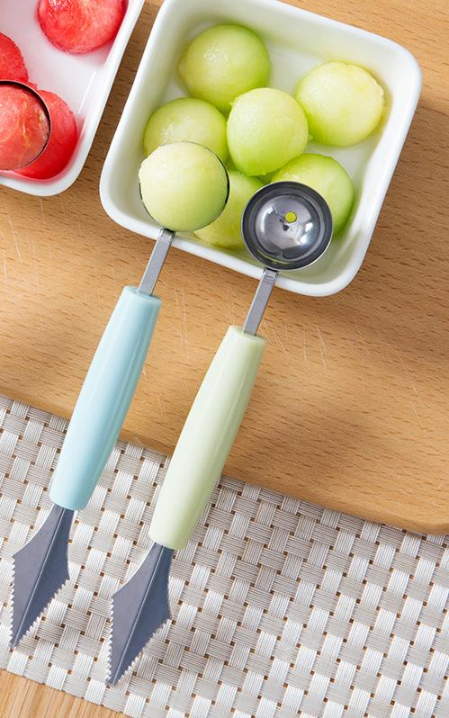 Minkurow 2 Stück Tranchiermesser Obst Tranchierwerkzeug Melonenlöffel Mit Obstschäler, 2-in-1-obst Tranchiermesser, Küchenwerkzeuge Für Obstsalat Diy- Grün Blau