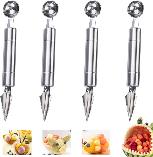 Minkurow Obstschnitzwerkzeug Schäler 4 Stück Fruchtkugellöffel 2 In 1 Melonenlöffel 2 In 1 Obstschnitzwerkzeug Melone Obstschnitzmesser Für Diy Obstsalat