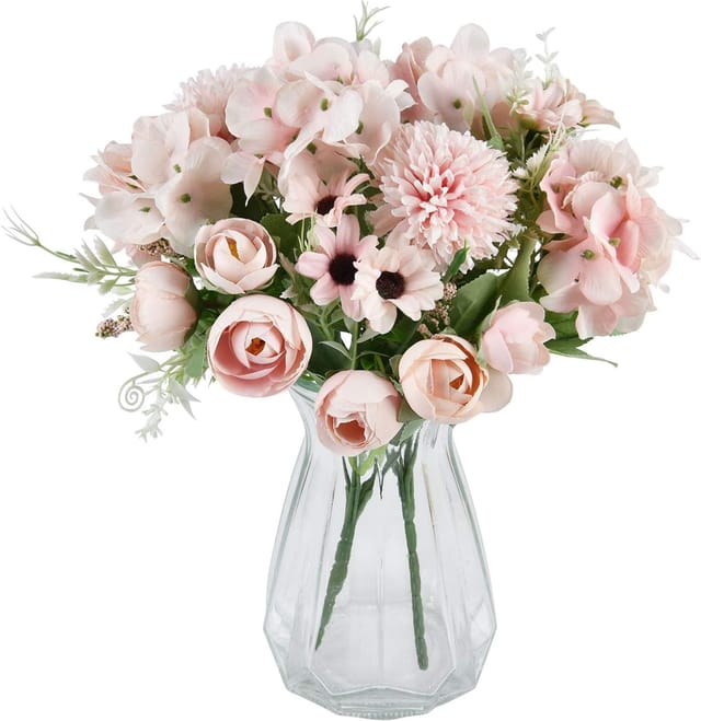 Minkurow Künstlicher Blumenstrauß 2 Stück Kunstrosen Pfingstrosen Hortensien Nelken Kunstblumen Blumenarrangements