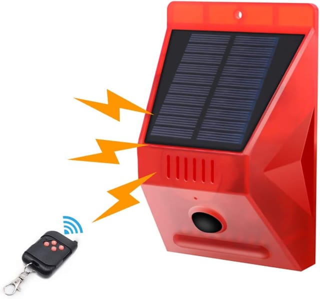 Minkurow Solar-blitzlicht Mit Bewegungssensor Ip65 Wasserdichter Led-solar-alarmmelder Mit Fernbedienung, 129 Db Sound Security Wasserdichte Sirene Für Haus, Bauernhof, Villa