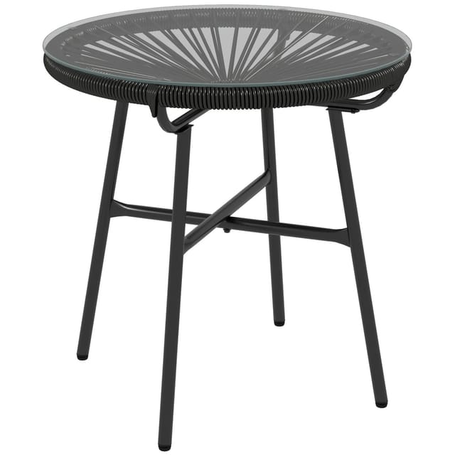 Outsunny Ratten Beistelltisch, Bistrotisch, Kaffeetisch Mit Glastischplatte, Runder Gartentisch, Für Terrasse, Balkon, Schwarz, 50 X 50 X 50 Cm