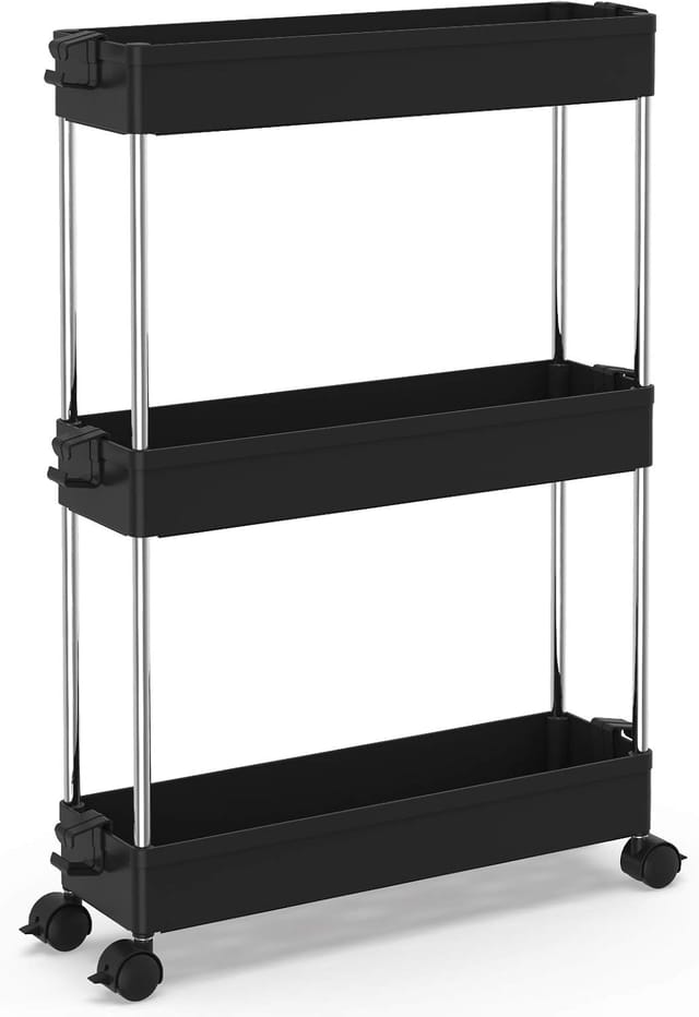 Minkurow 3-stöckiger Küchenwagen, Schmales Nischenregal Auf Rädern, Platzsparendes Badezimmerregal Und Küchenregal Für Küche, Büro, Badezimmer, 40 X 13 X 61 Cm, Schwarz