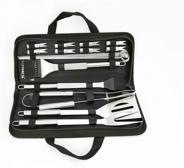 Minkurow 20-teiliges Grillwerkzeug-set Aus Edelstahl: Zange, Fleischgabel, Streichpinsel, Spatel, Messer + Transporttasche Für Picknick, Camping, Barbecue