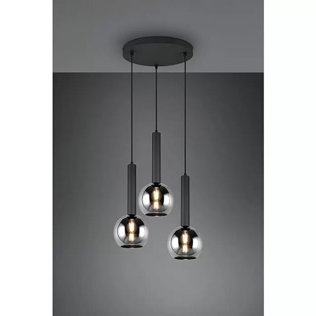 Trio Lighting - Pendelleuchte Clayton Industrial 3-flammig Rauchglas-kugeln, Ø 45cm