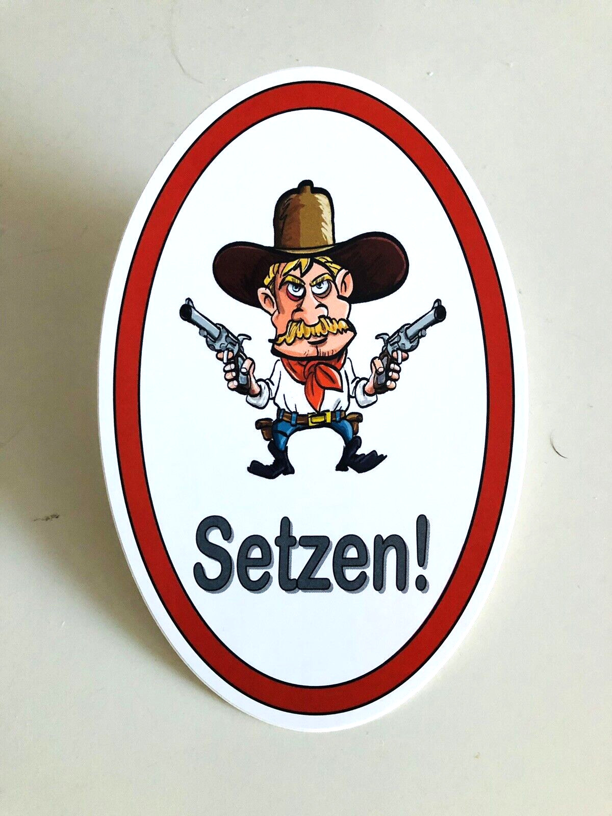 1 WC / Toiletten Aufkleber, Pinkeln im Sitzen, Cowboy-Motiv, 9,5 x 14,5 cm oval
