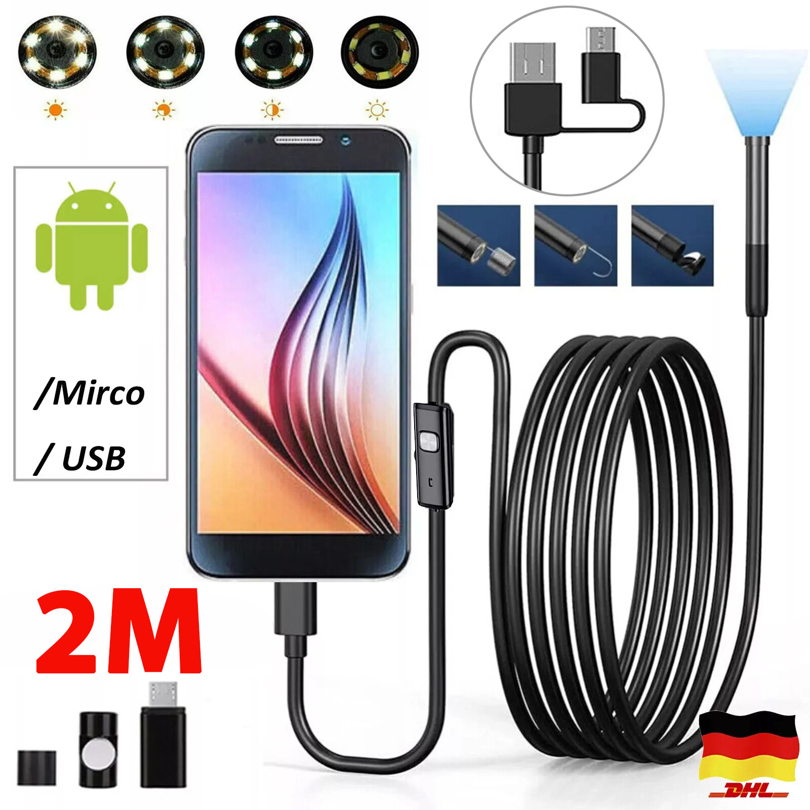 2M USB Endoskop Kamera 7mm LED-HD Inspektion Wasserdicht PC Android Handy Bild 2